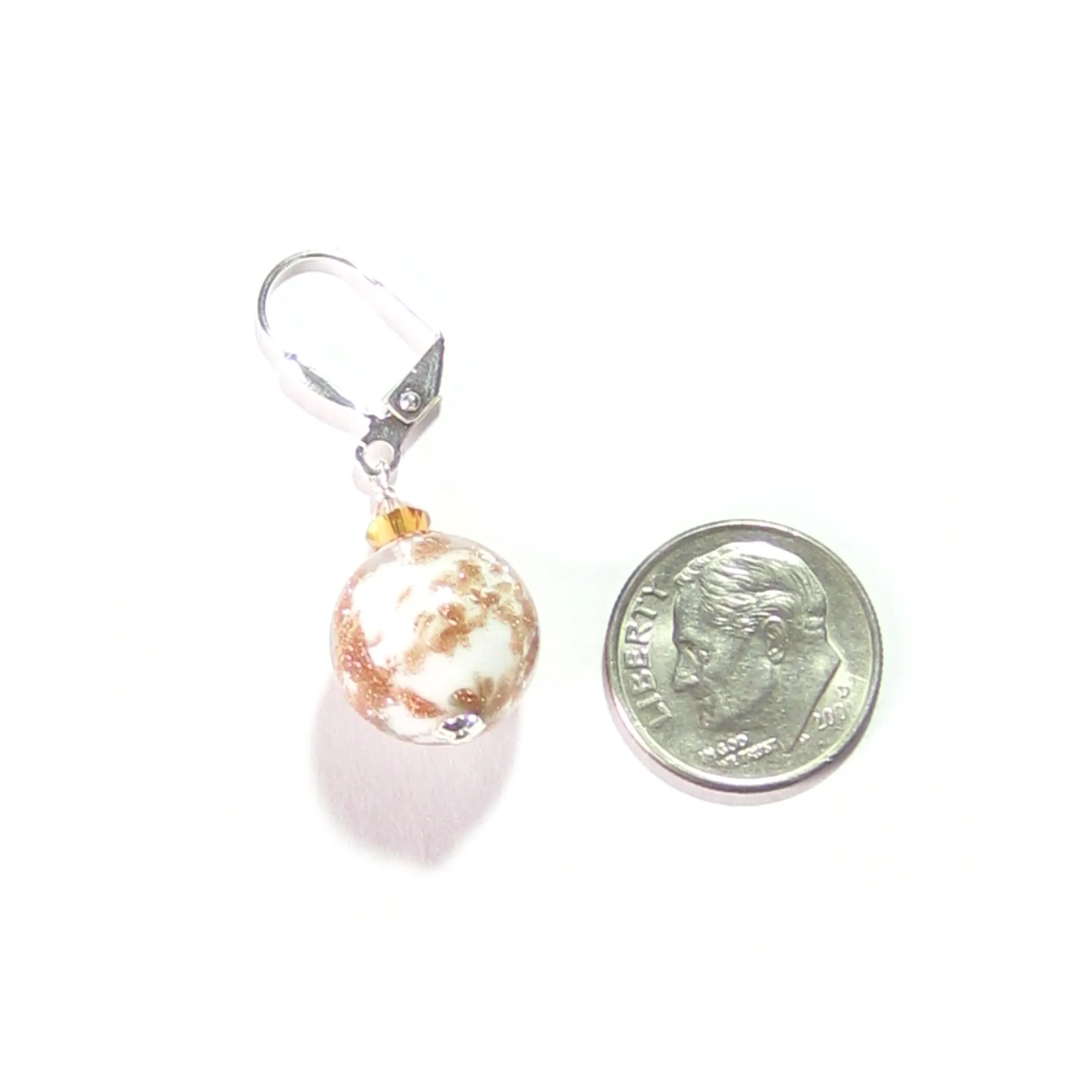 Murano Glass White Copper Ball Silver Earrings, Venetian Jewelry