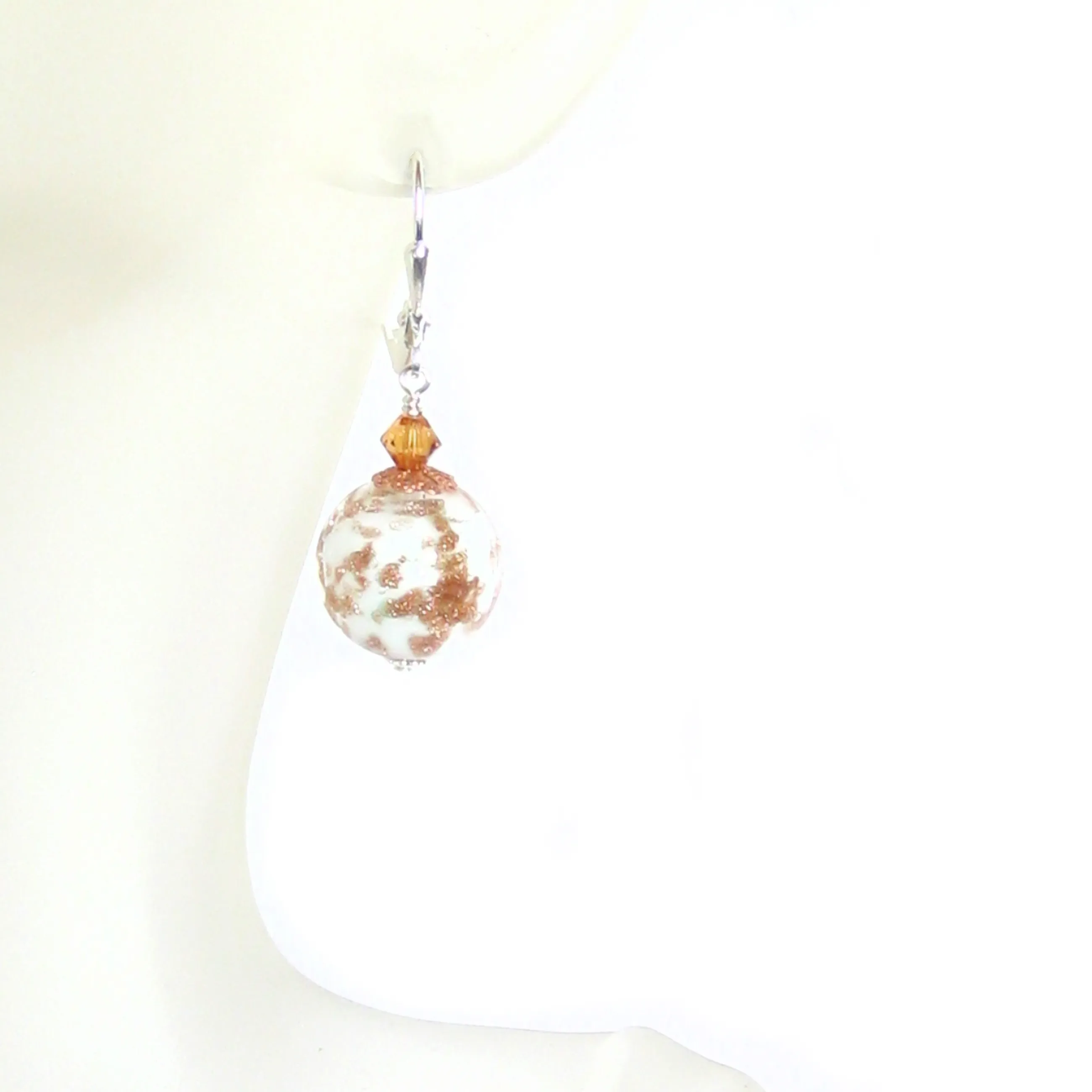 Murano Glass White Copper Ball Silver Earrings, Venetian Jewelry