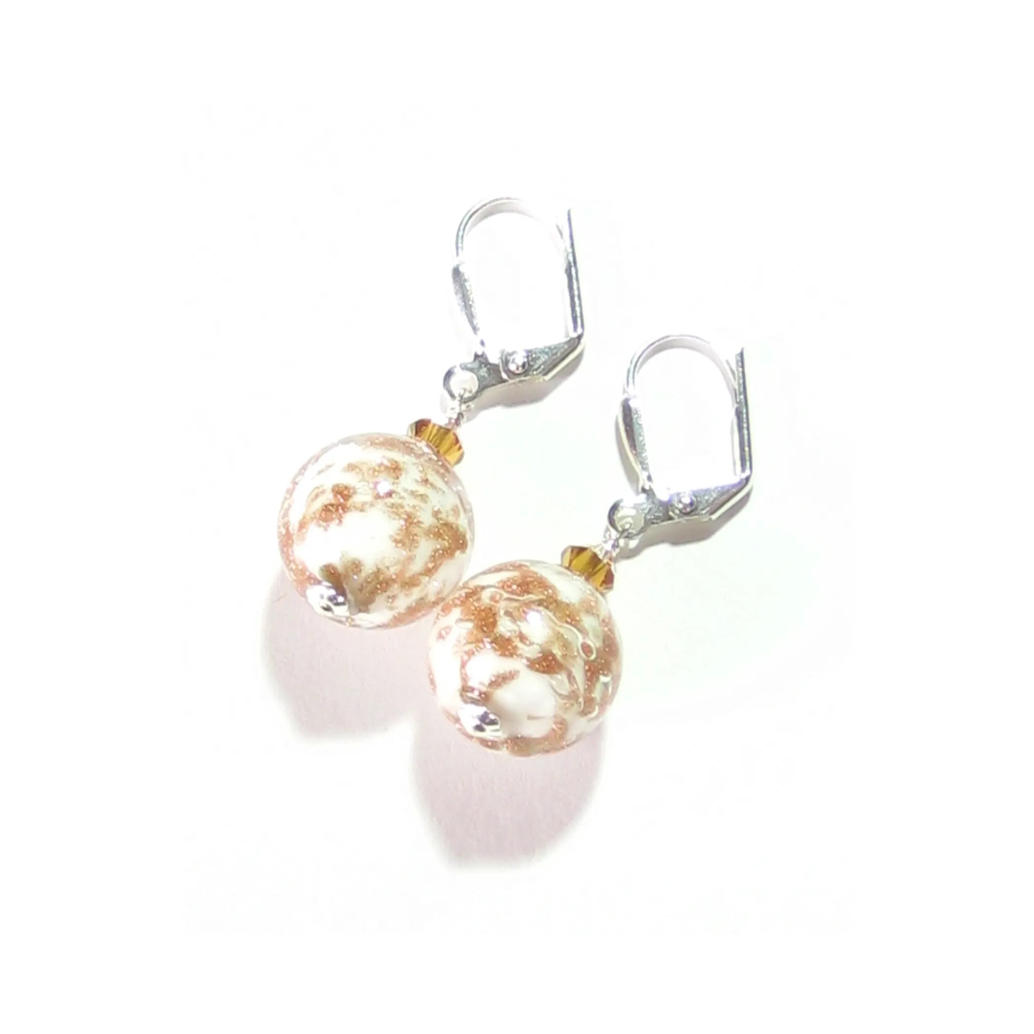 Murano Glass White Copper Ball Silver Earrings, Venetian Jewelry
