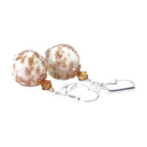 Murano Glass White Copper Ball Silver Earrings, Venetian Jewelry