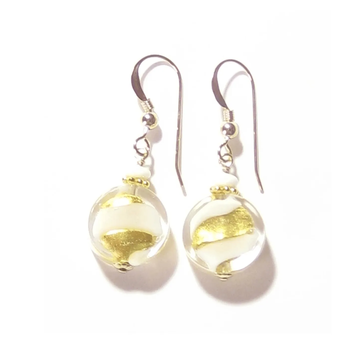 Murano Glass White Swirl Yellow Gold Earrings by JKC Murano