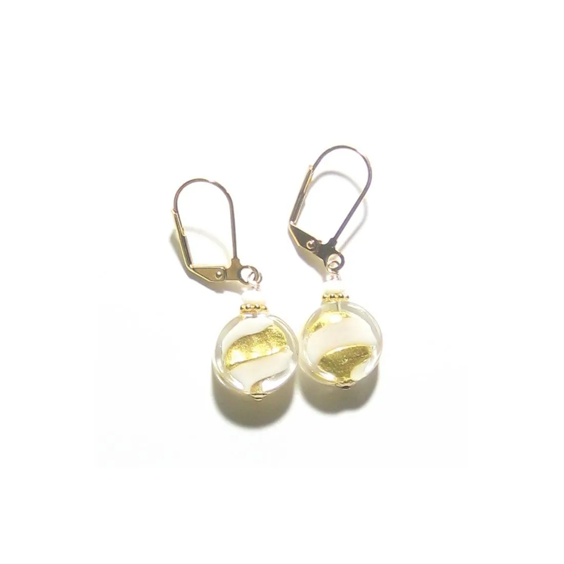 Murano Glass White Swirl Yellow Gold Earrings by JKC Murano