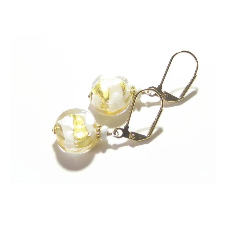 Murano Glass White Swirl Yellow Gold Earrings by JKC Murano