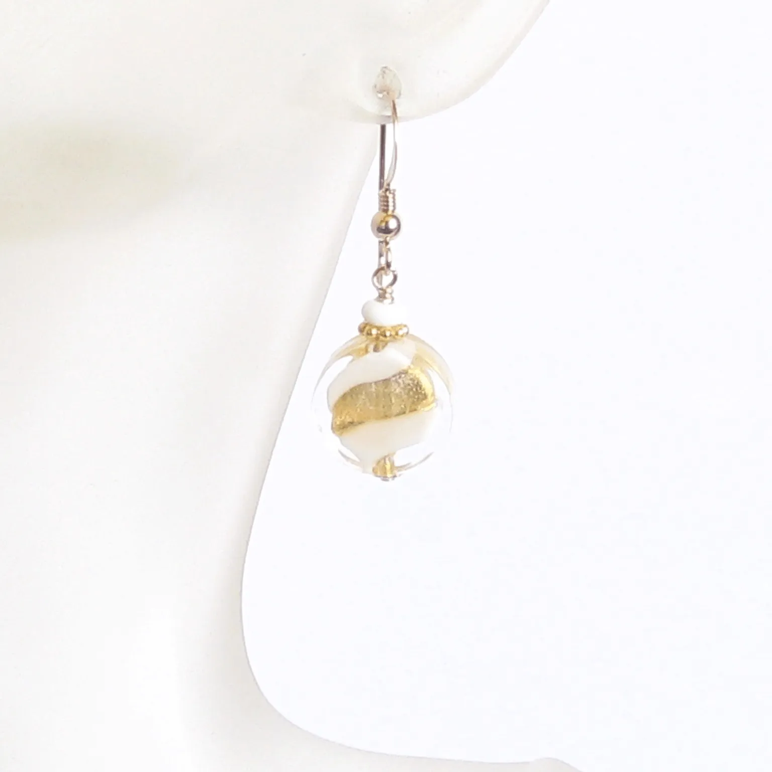 Murano Glass White Swirl Yellow Gold Earrings by JKC Murano