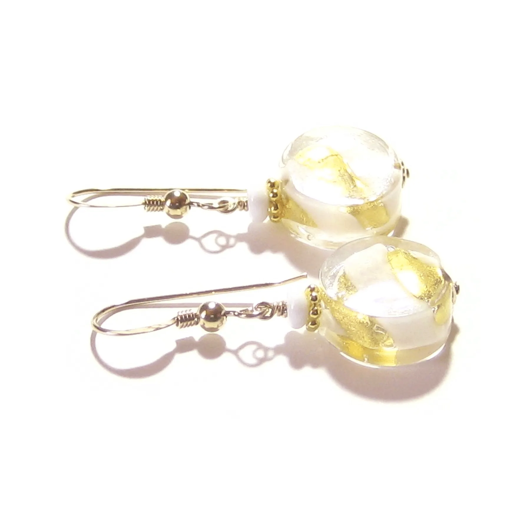 Murano Glass White Swirl Yellow Gold Earrings by JKC Murano