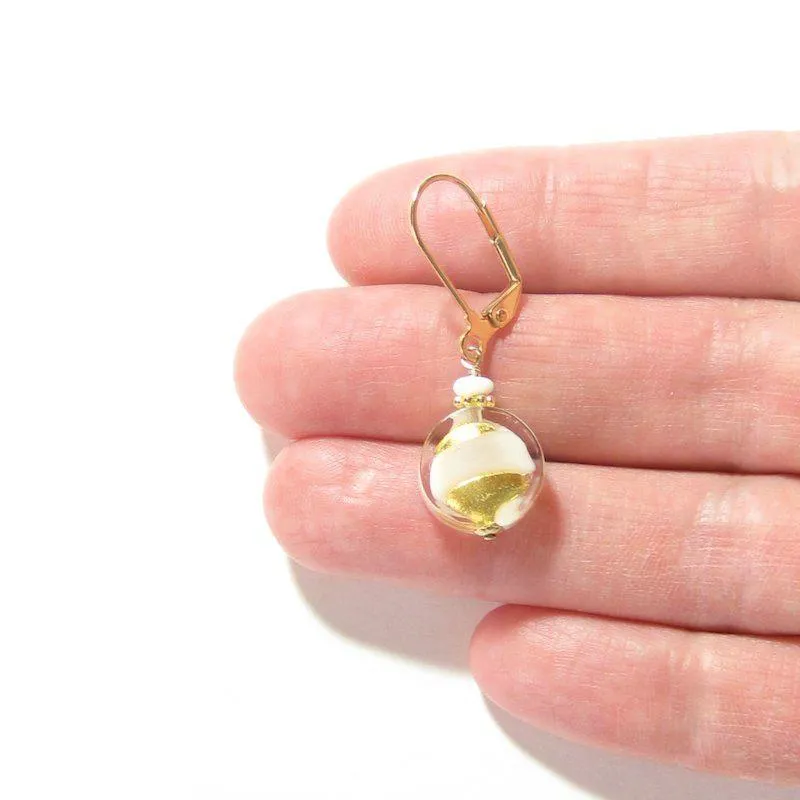 Murano Glass White Swirl Yellow Gold Earrings by JKC Murano