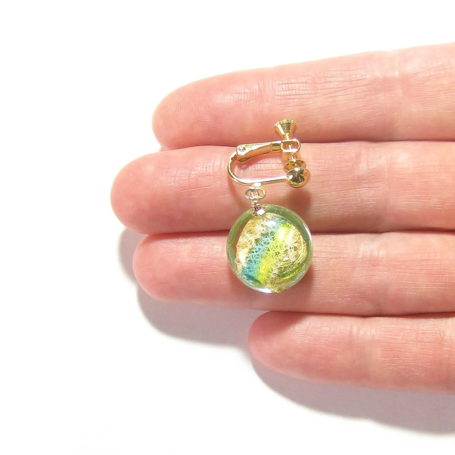 Murano Italian Glass Lime Green Aqua Gold Earrings, Clip Ons