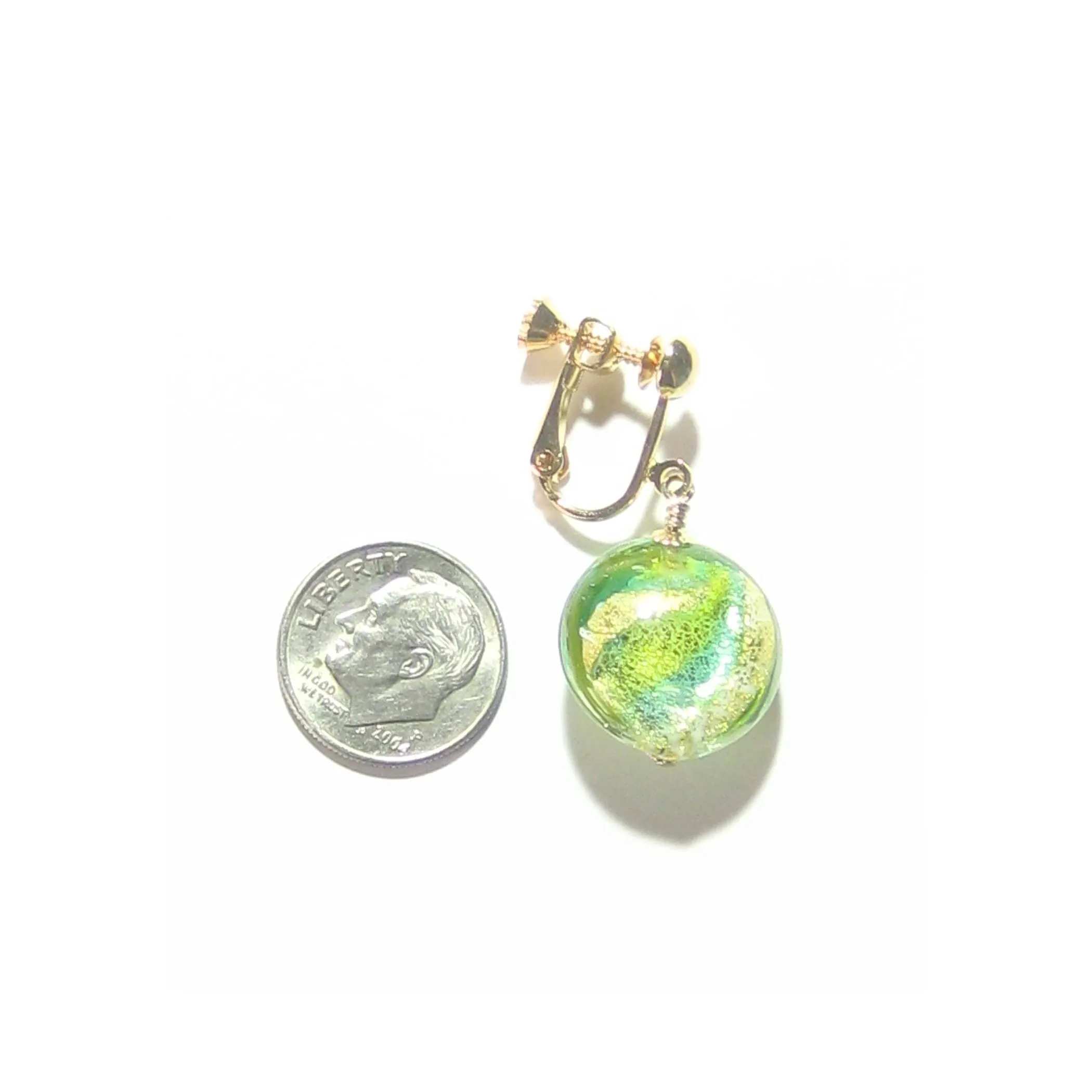 Murano Italian Glass Lime Green Aqua Gold Earrings, Clip Ons