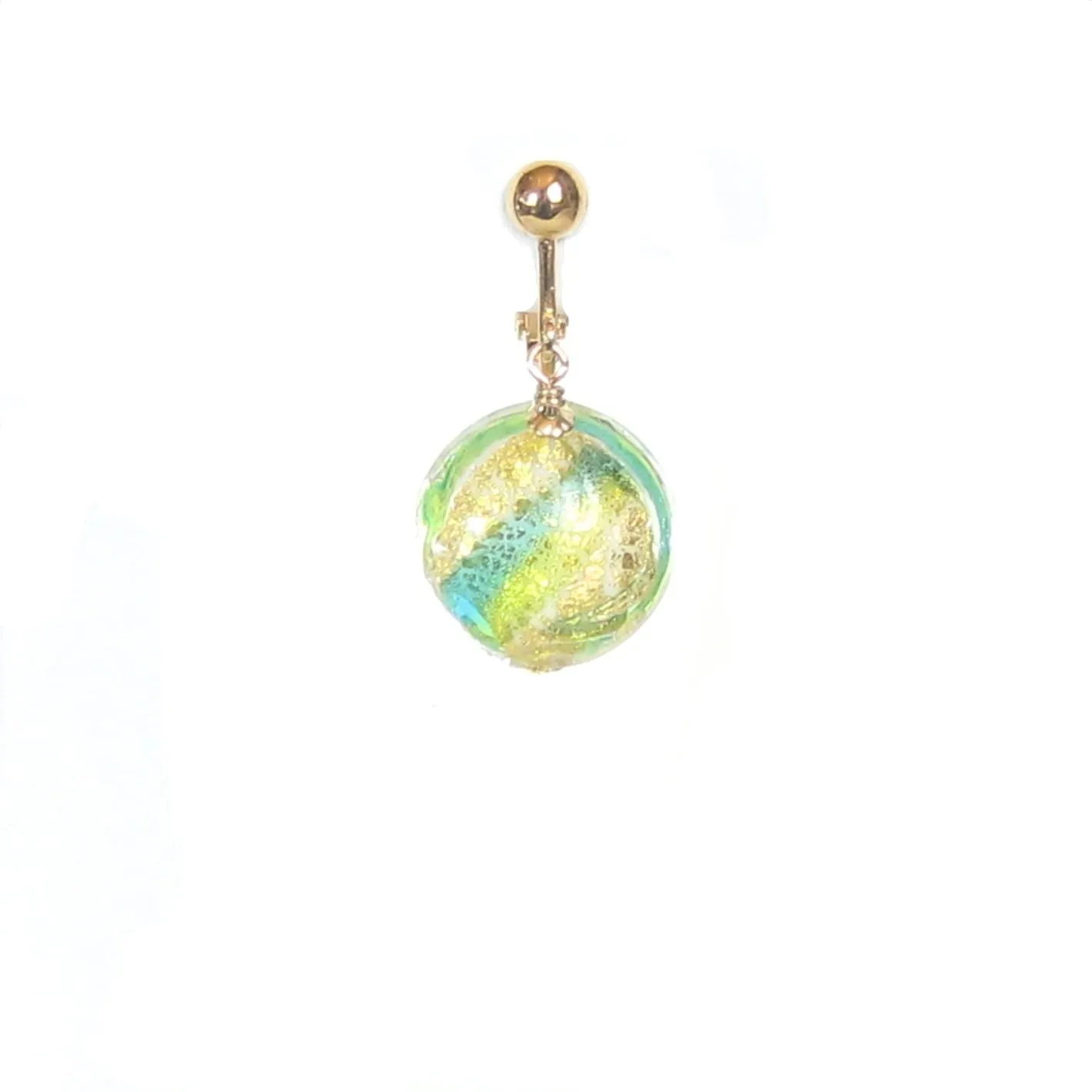 Murano Italian Glass Lime Green Aqua Gold Earrings, Clip Ons