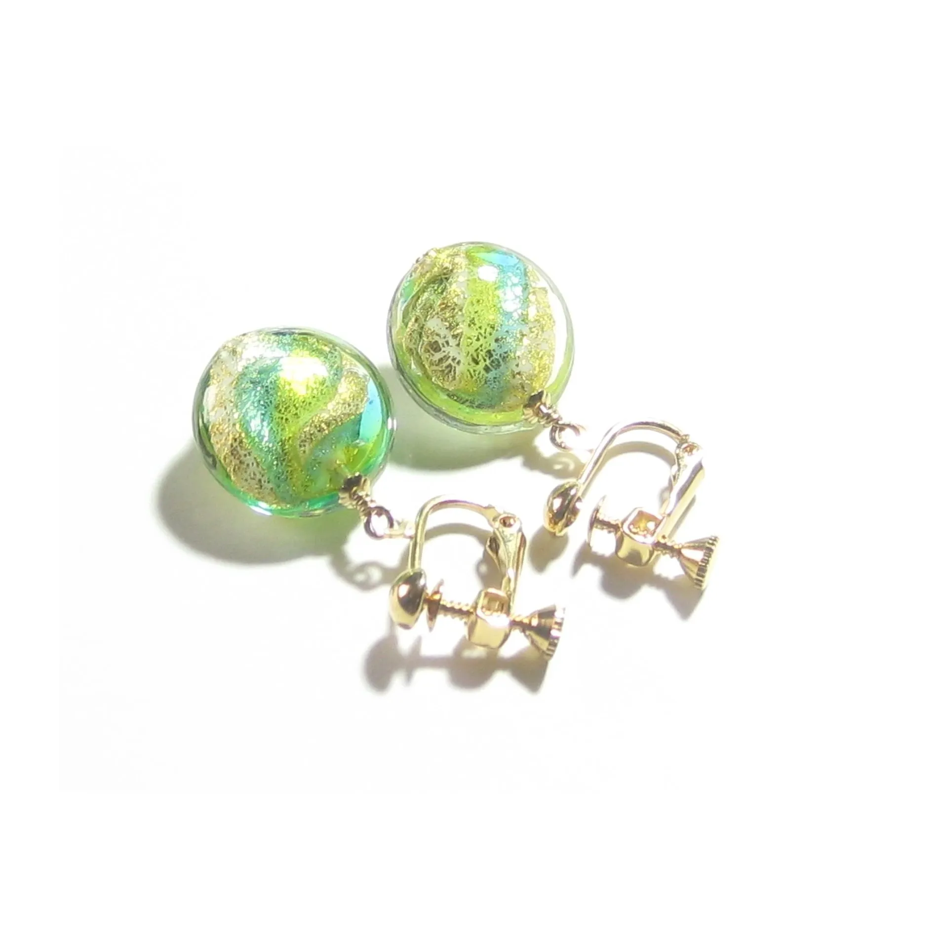 Murano Italian Glass Lime Green Aqua Gold Earrings, Clip Ons