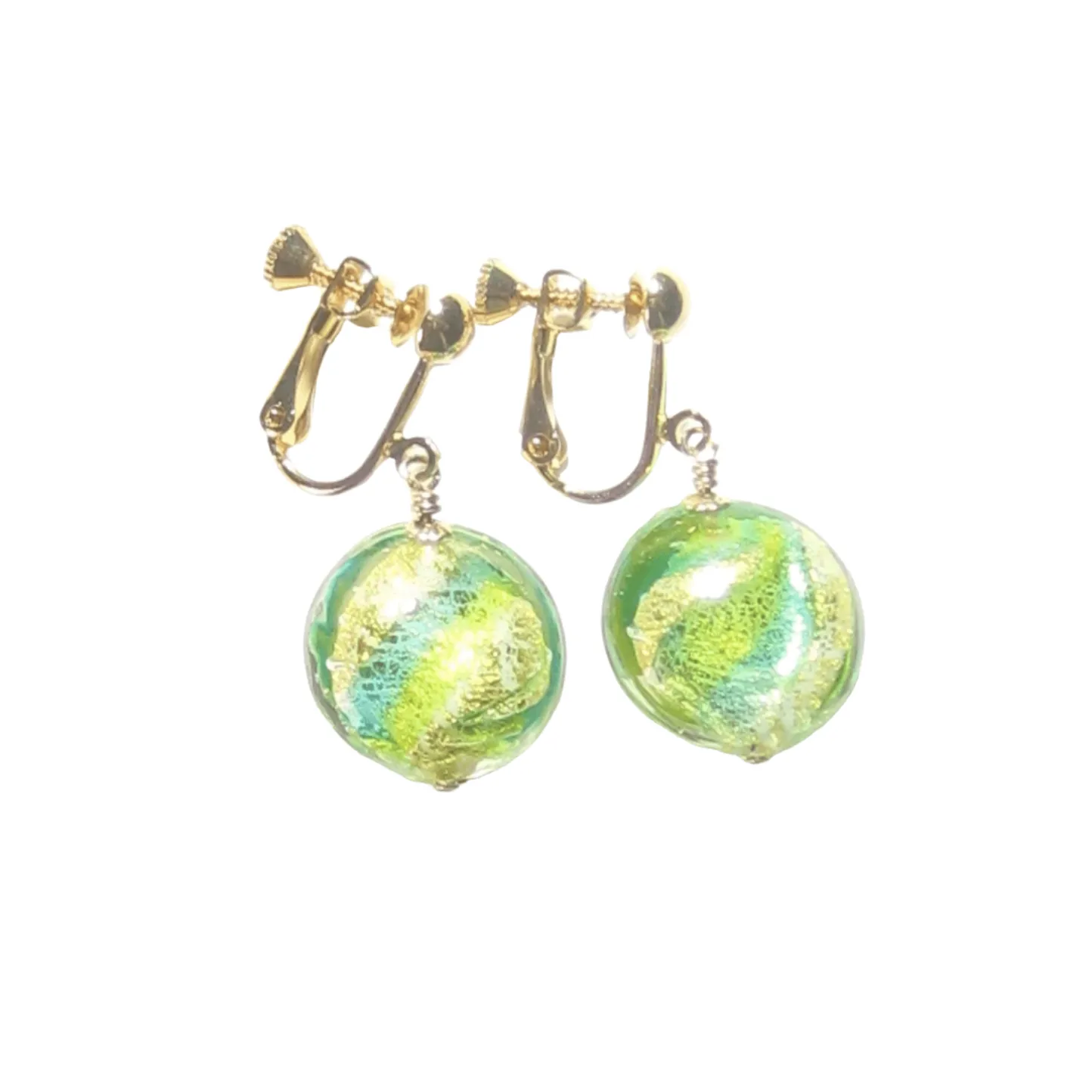 Murano Italian Glass Lime Green Aqua Gold Earrings, Clip Ons