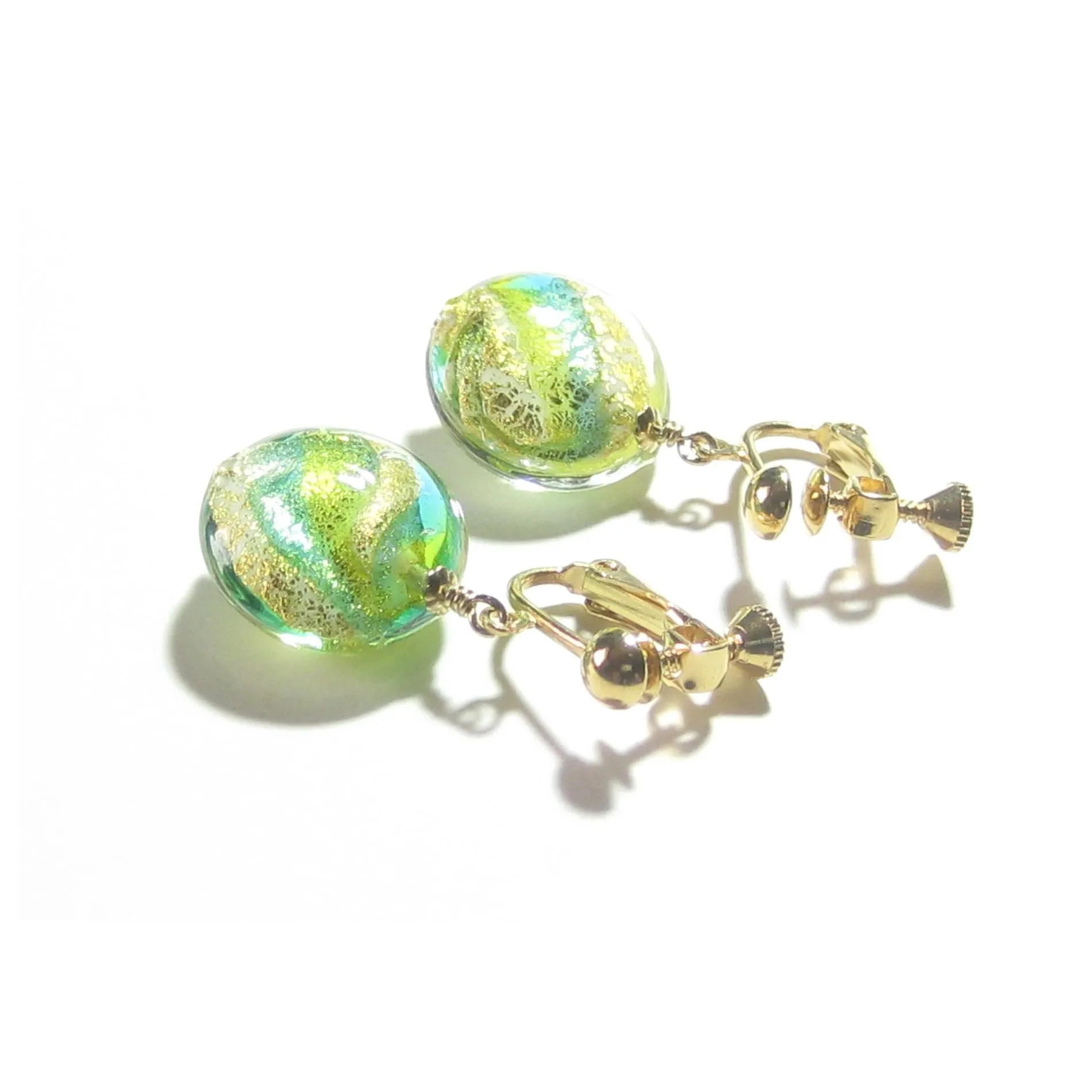 Murano Italian Glass Lime Green Aqua Gold Earrings, Clip Ons