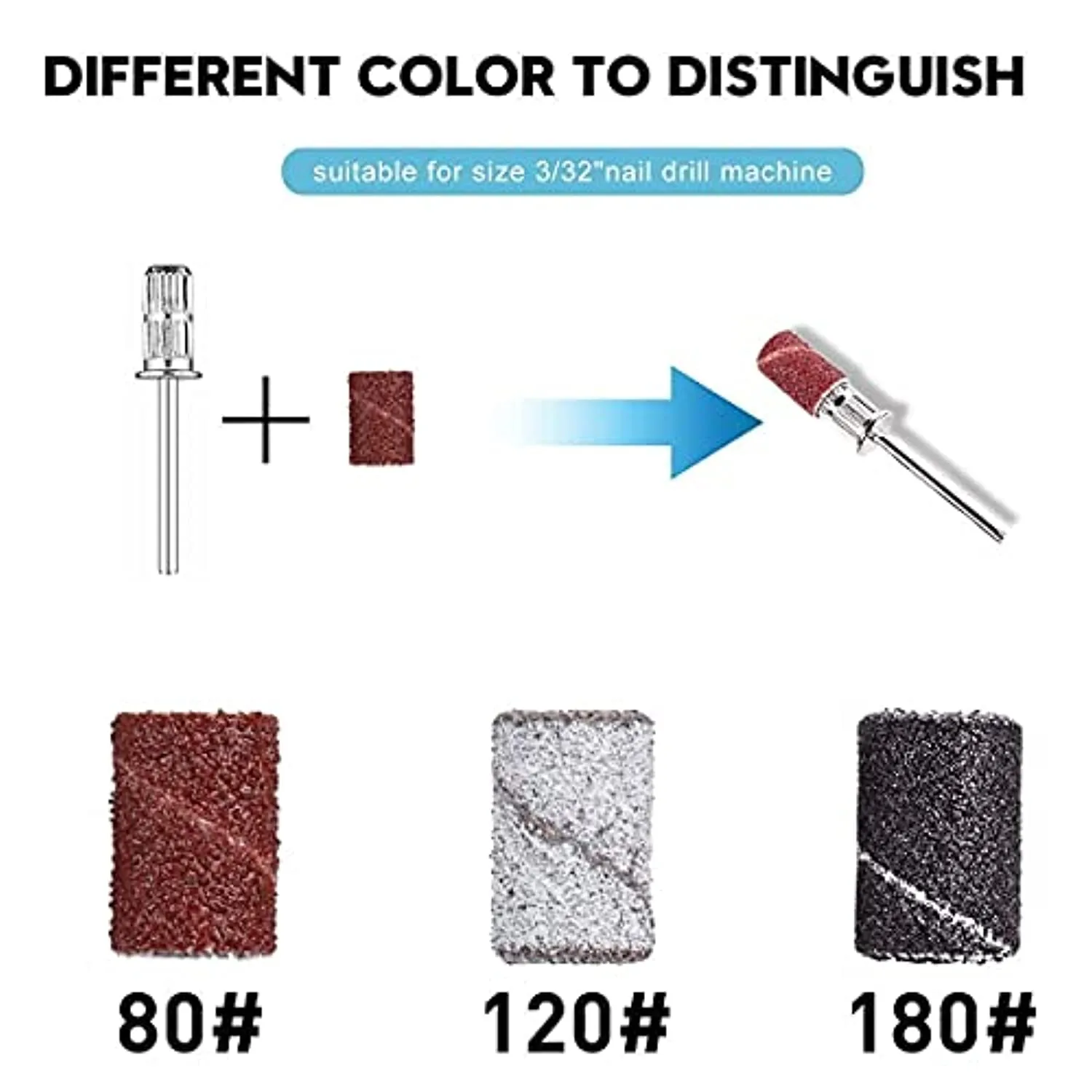 Nail Drill File Bundle with 300 pcs Nail Sanding Bands Bits 3/32 Inch Size #80#120#180 Nail Drill Bits For Acrylic Nail Manicure Pedicure