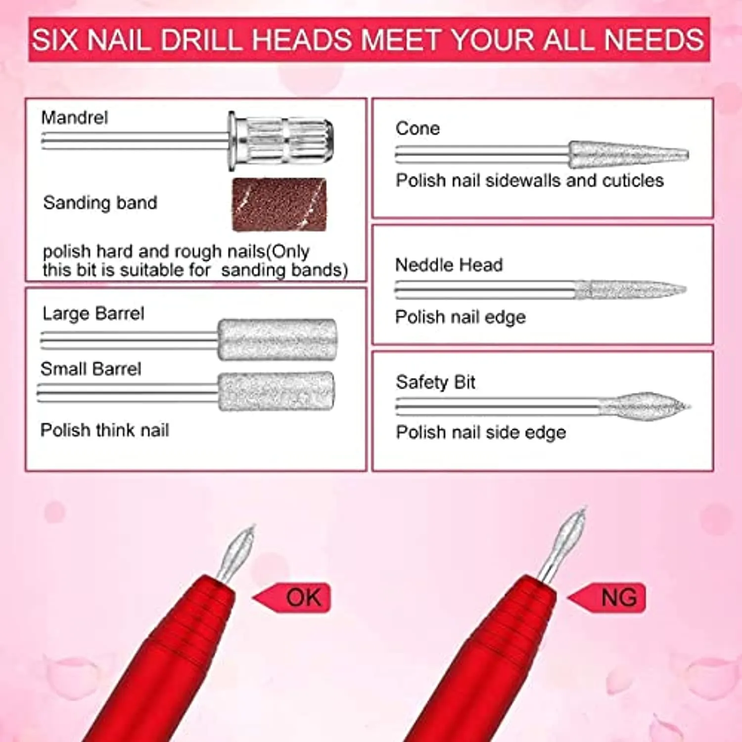 Nail Drill File Bundle with 300 pcs Nail Sanding Bands Bits 3/32 Inch Size #80#120#180 Nail Drill Bits For Acrylic Nail Manicure Pedicure