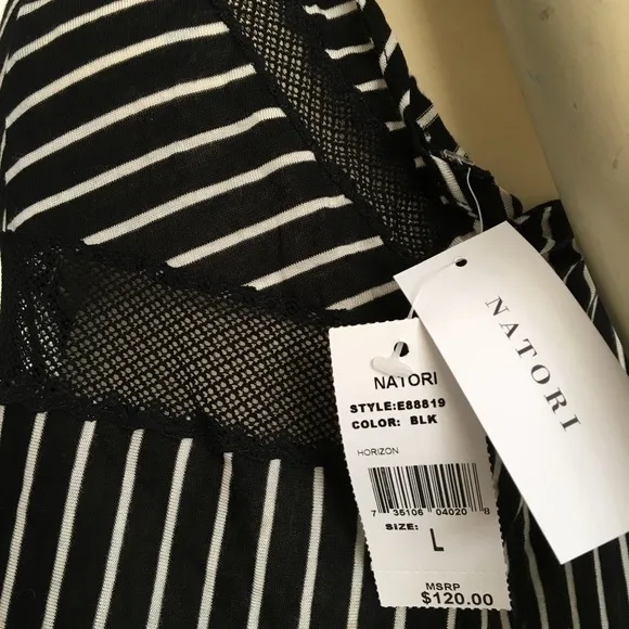 Natori black stripe slip dress with mesh detail