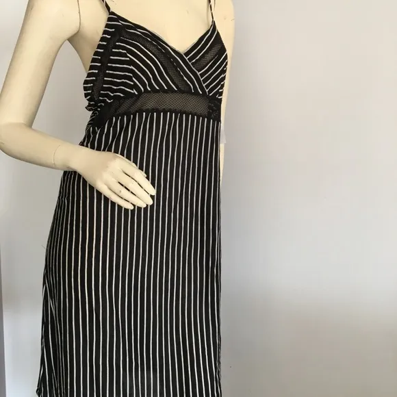 Natori black stripe slip dress with mesh detail