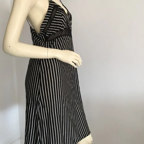 Natori black stripe slip dress with mesh detail