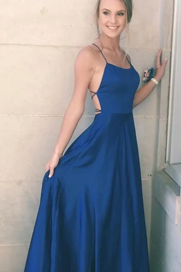 Navy Blue Satin Spaghetti Straps A-line Simple Long Prom Dress, Party Dresses, MP303