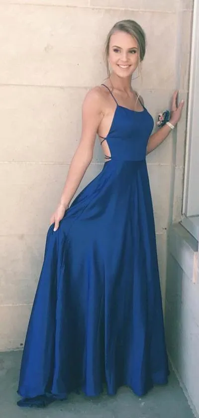 Navy Blue Satin Spaghetti Straps A-line Simple Long Prom Dress, Party Dresses, MP303