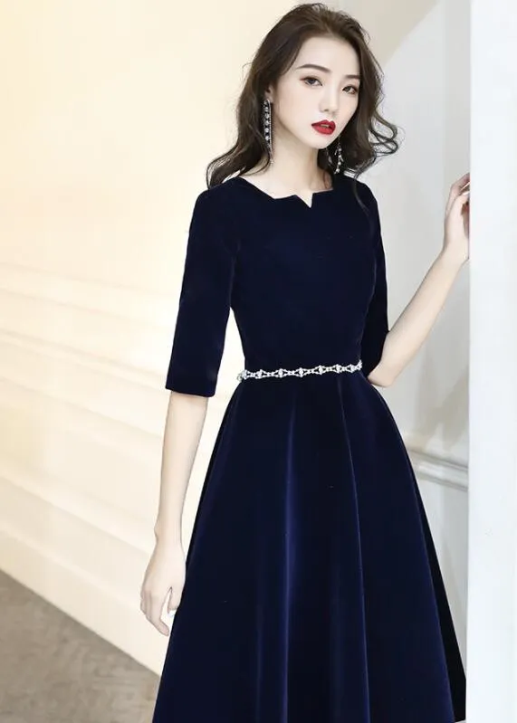 Navy Blue Velvet Knee Length Simple Bridesmaid Dresses, Short Blue Velvet Prom Dresses with Beadings