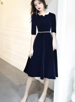 Navy Blue Velvet Knee Length Simple Bridesmaid Dresses, Short Blue Velvet Prom Dresses with Beadings