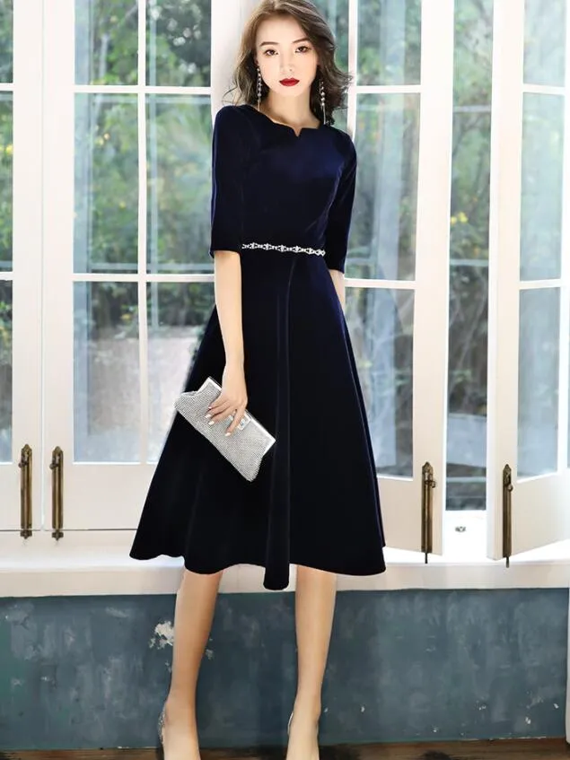 Navy Blue Velvet Knee Length Simple Bridesmaid Dresses, Short Blue Velvet Prom Dresses with Beadings