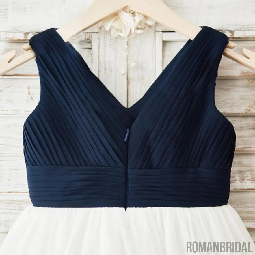 Navy Chiffon V-neck White Skirt Flower Girl Dresses, Simple Little Girl Dresses, FG081