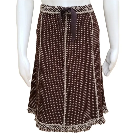 Neesh by DAR Anthropologie Brown Tweed Skirt M Fringe Hem Texured Preppy Boho