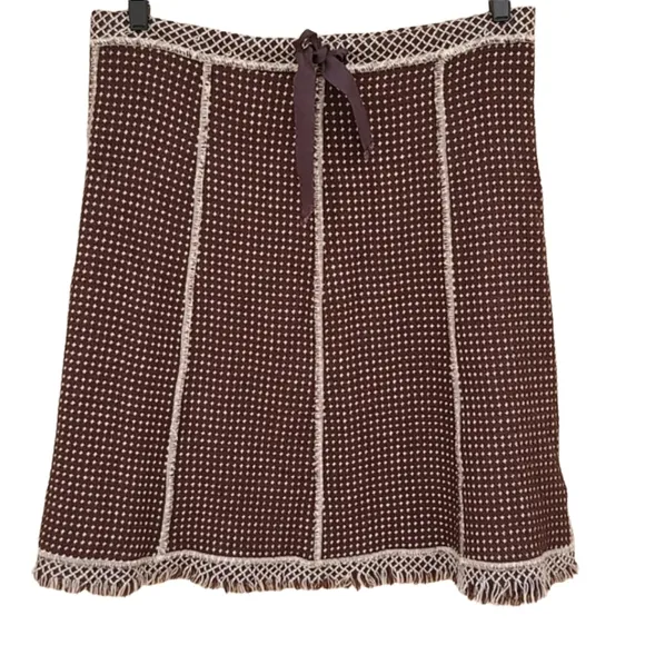 Neesh by DAR Anthropologie Brown Tweed Skirt M Fringe Hem Texured Preppy Boho