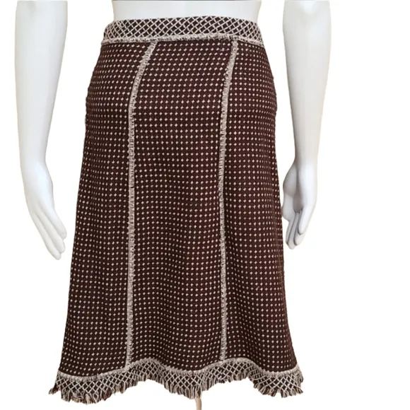 Neesh by DAR Anthropologie Brown Tweed Skirt M Fringe Hem Texured Preppy Boho