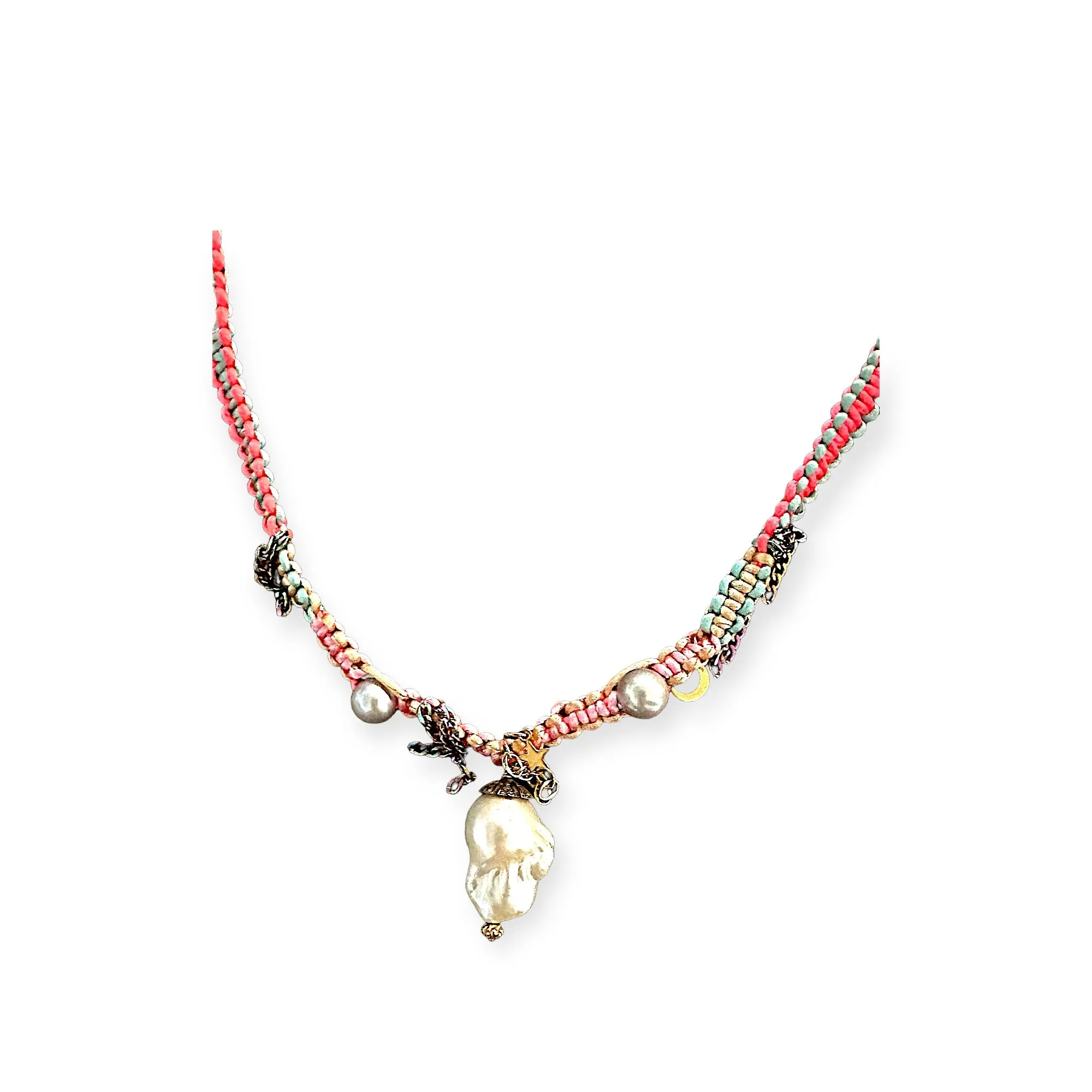 NEON DIAMOND PEARL DAGGER LUCKY CHARM SILK ROCKSTAR NECKLACE