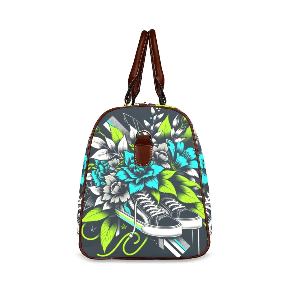 Neon Sneakerhead Flowers Waterproof Duffel Bag – Brown Straps