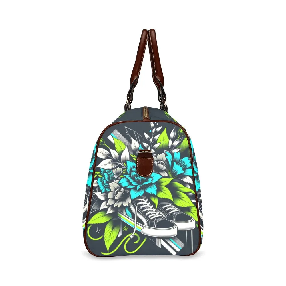 Neon Sneakerhead Flowers Waterproof Duffel Bag – Brown Straps