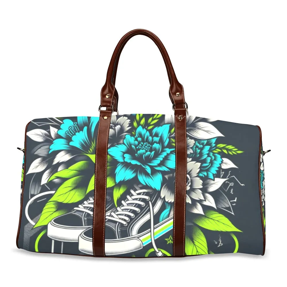 Neon Sneakerhead Flowers Waterproof Duffel Bag – Brown Straps