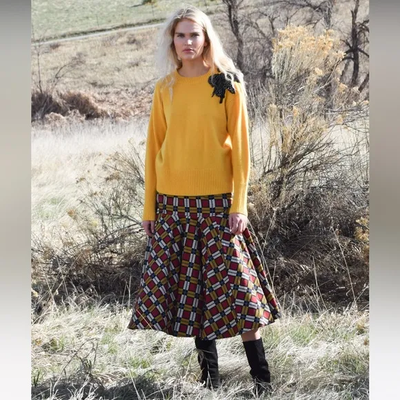 Never A Wallflower Cotton Twill Squares Midi Skirt Drop Waist Belted NWOT XS/S