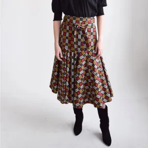 Never A Wallflower Cotton Twill Squares Midi Skirt Drop Waist Belted NWOT XS/S