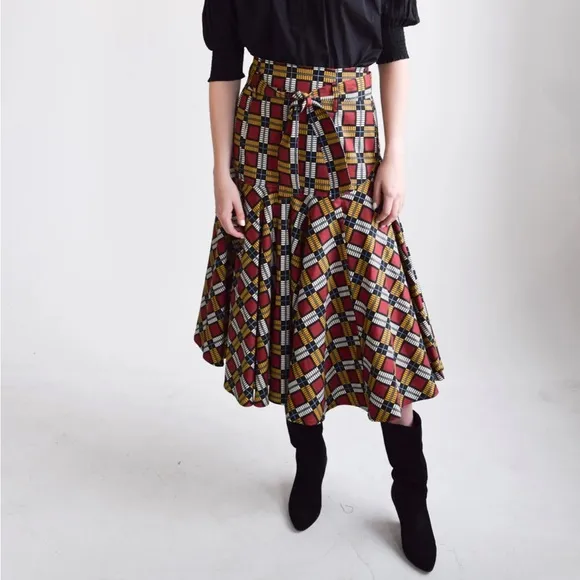 Never A Wallflower Cotton Twill Squares Midi Skirt Drop Waist Belted NWOT XS/S