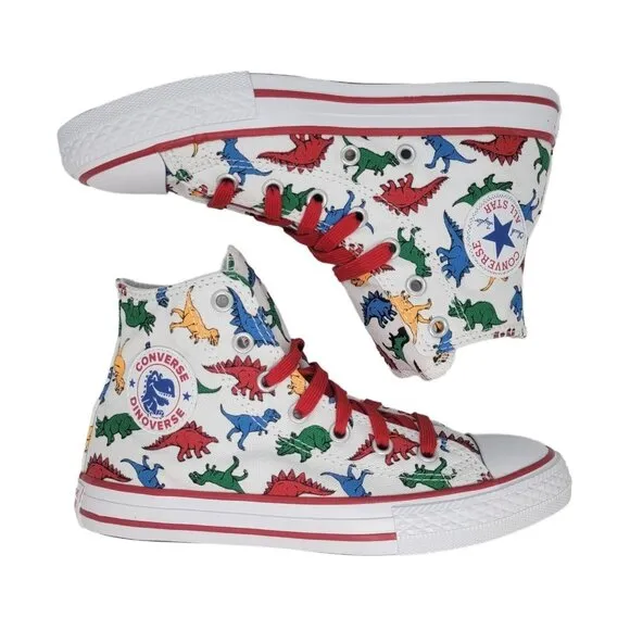 🤩New 2 Kids Shoes CONVERSE ALL  STAR dinosaur 663636C CTAS HI Canvas White Red
