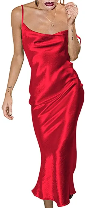 New Amiliashp Women's Sexy Cowl Neck Backless Cami Satin Slip Dress in Red! Sz M!