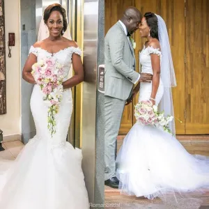 New Arrival Mermaid Off Shoulder Lace Tulle Backless Wedding Dresses with train, WD0353