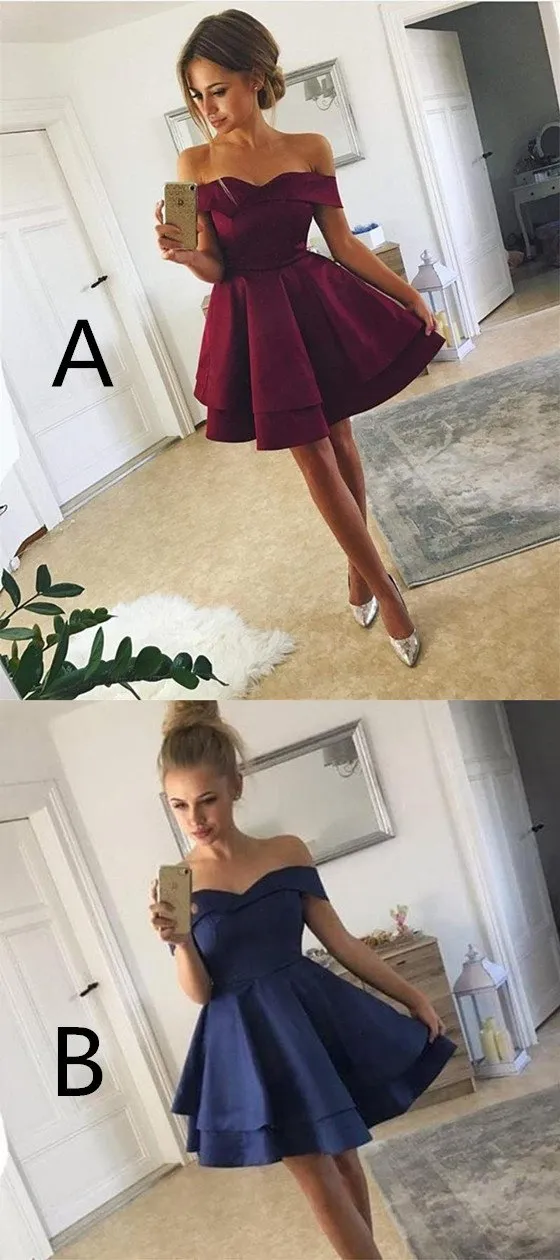 New Arrival Simple Off-shoulder Cheap Short Satin Homecoming Dresses, HD0421
