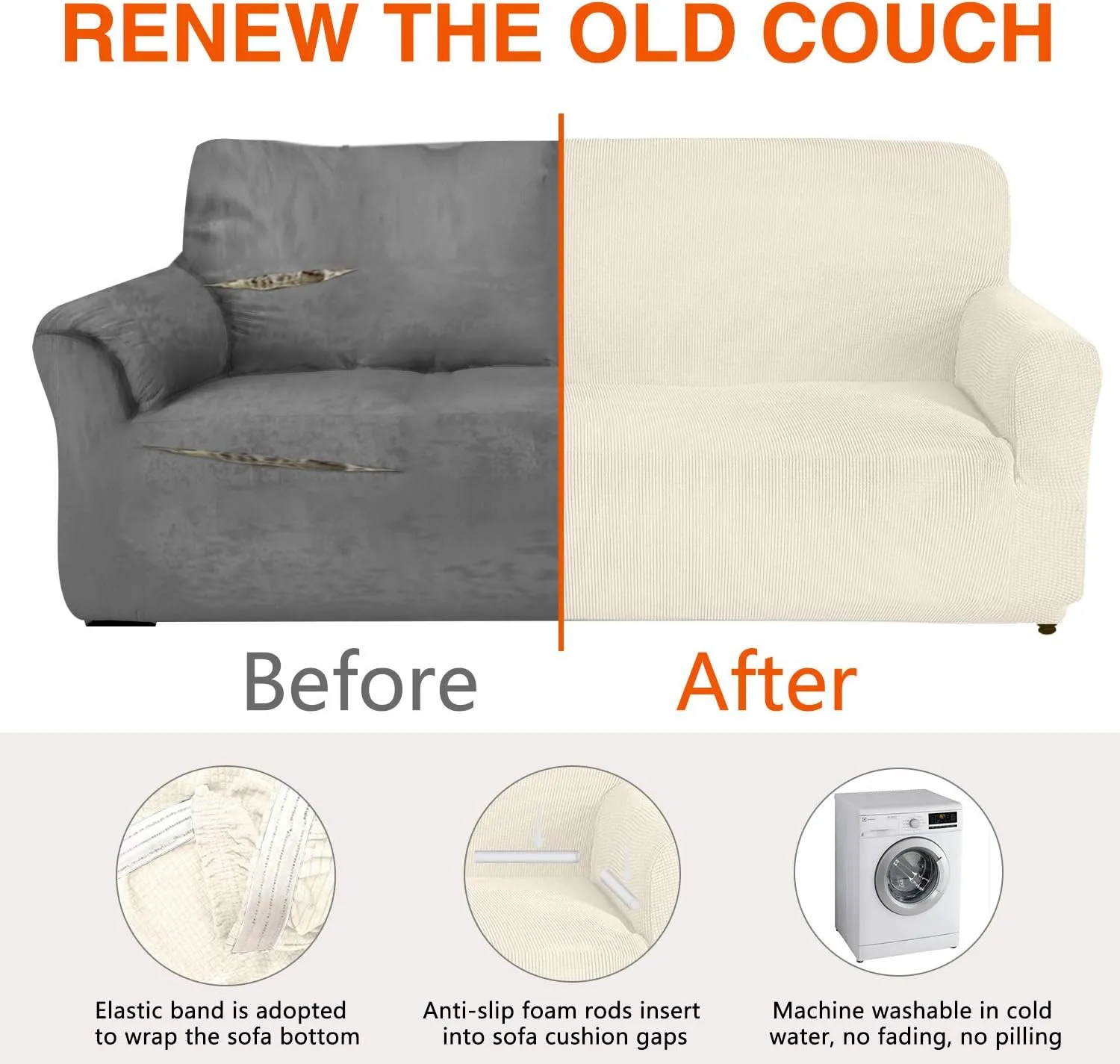 NEW AUJOY Loveseat Cover Stretch 1-Piece Couch Slipcover for 2 Cushion Couch Jacquard Spandex Fabric Sofa Furniture Protector with Anti-Slip Foams (Loveseat, Natural) - Size Medium - Retails $48 