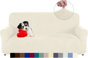 NEW AUJOY Loveseat Cover Stretch 1-Piece Couch Slipcover for 2 Cushion Couch Jacquard Spandex Fabric Sofa Furniture Protector with Anti-Slip Foams (Loveseat, Natural) - Size Medium - Retails $48 