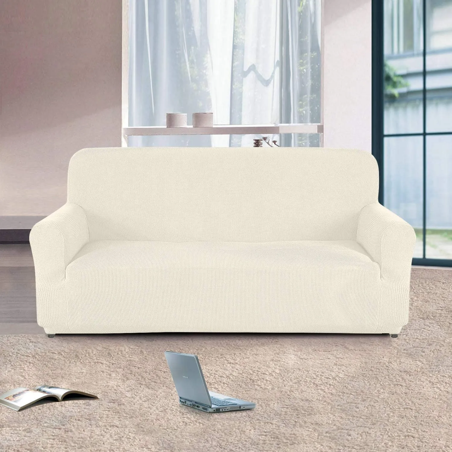 NEW AUJOY Loveseat Cover Stretch 1-Piece Couch Slipcover for 2 Cushion Couch Jacquard Spandex Fabric Sofa Furniture Protector with Anti-Slip Foams (Loveseat, Natural) - Size Medium - Retails $48 
