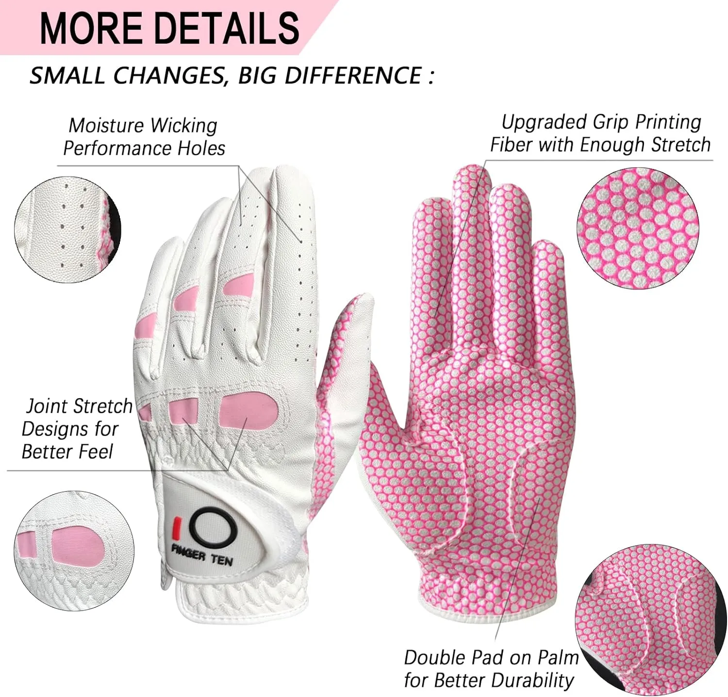 NEW FINGER TEN Women’s Golf Glove Right Hand, All Weather Extra Grip Size Fit, 1 Glove, Sz Large