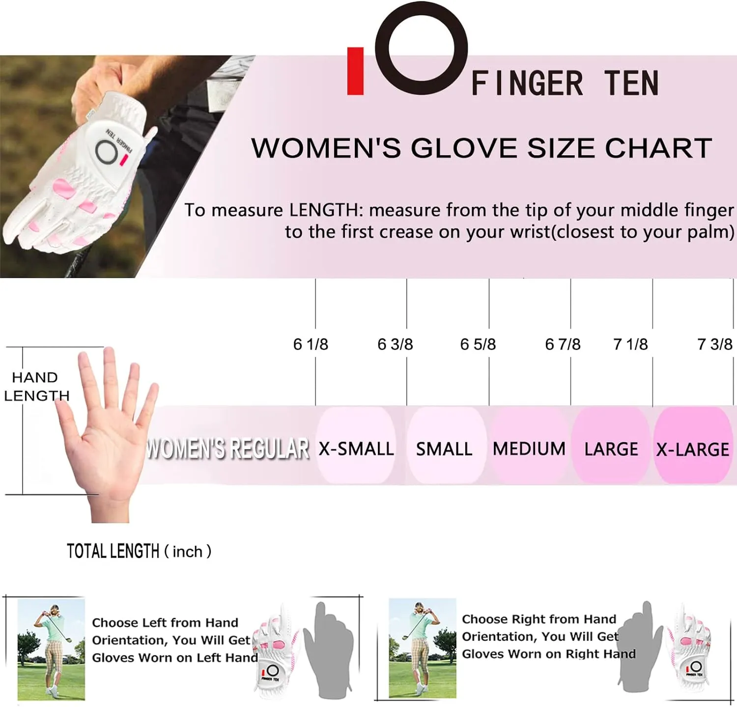 NEW FINGER TEN Women’s Golf Glove Right Hand, All Weather Extra Grip Size Fit, 1 Glove, Sz Large