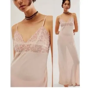 New Free People Midnight Magic Maxi Slip Dress  Pink Beaded Lace Trim Size L