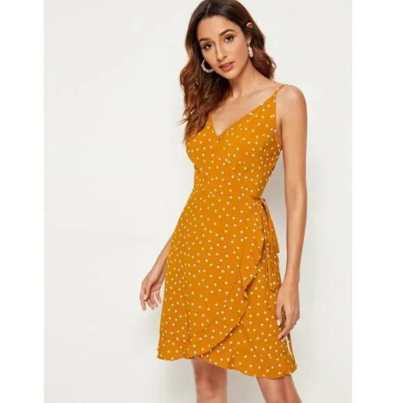 NEW Tie-Waist Polka Dot Yellow Surplice Dress SZ M