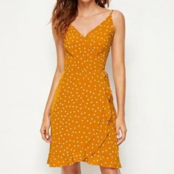 NEW Tie-Waist Polka Dot Yellow Surplice Dress SZ M