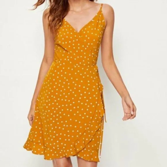 NEW Tie-Waist Polka Dot Yellow Surplice Dress SZ M